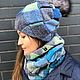 Hat and Snood knitted women's blue / grey / lime, Headwear Sets, Krasnodar,  Фото №1