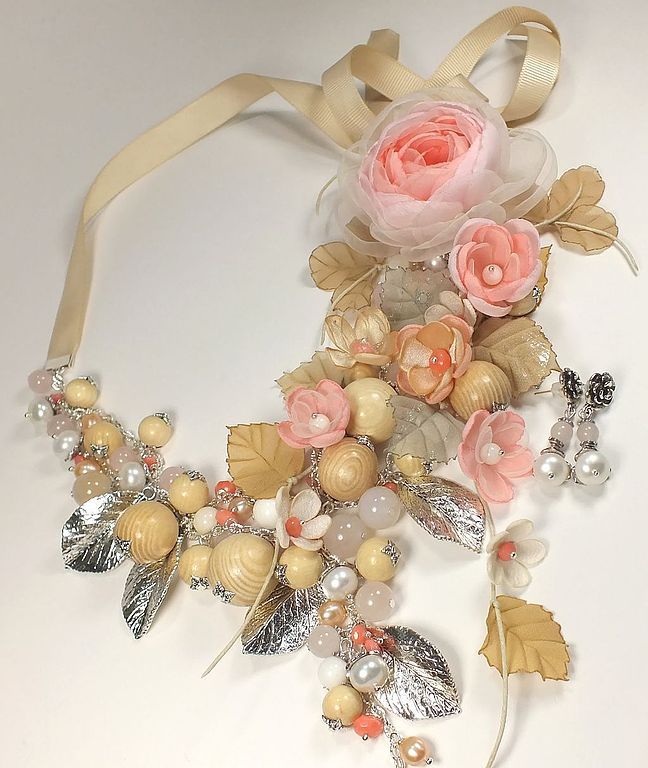 The wind from Paradise Island. Necklace, brooch flower, earrings, fabric flowers, Jewelry Sets, St. Petersburg,  Фото №1