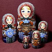 Русский стиль handmade. Livemaster - original item Author`s matryoshka Matryoshka Tea party with a samovar 5 places painting. Handmade.