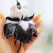 Украшения handmade. Livemaster - original item Iris flower brooch in black and white made of leather with mink fur. Handmade.