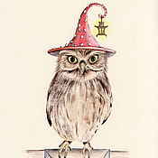Картины и панно handmade. Livemaster - original item Watercolor painting Owl in a hat with a flashlight. Handmade.