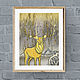  Golden deer PRINT, in a gray forest with mountains, Author's print, Pictures, Moscow,  Фото №1