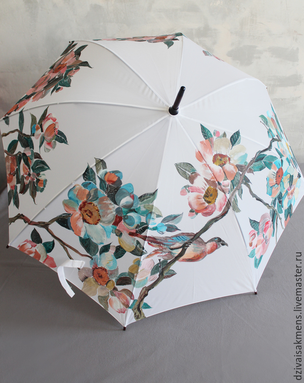 Cane umbrella with hand painted cherry blossoms and two birds, Umbrellas, St. Petersburg,  Фото №1