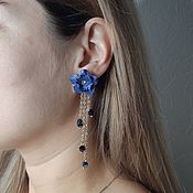 Украшения handmade. Livemaster - original item Stud earrings with dark blue flowers and chains. Handmade.