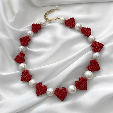 Украшения ручной работы. Ярмарка Мастеров - ручная работа Чокер с крупным культивированным жемчугом. Красное колье из бисера. Handmade.