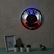Часы настенные с подсветкой из виниловой пластинки Котик с рыбками