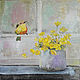 Yellow flowers and a bird, oil painting on canvas, pastel colors. Pictures. myfoxyart (MyFoxyArt). Online shopping on My Livemaster.  Фото №2