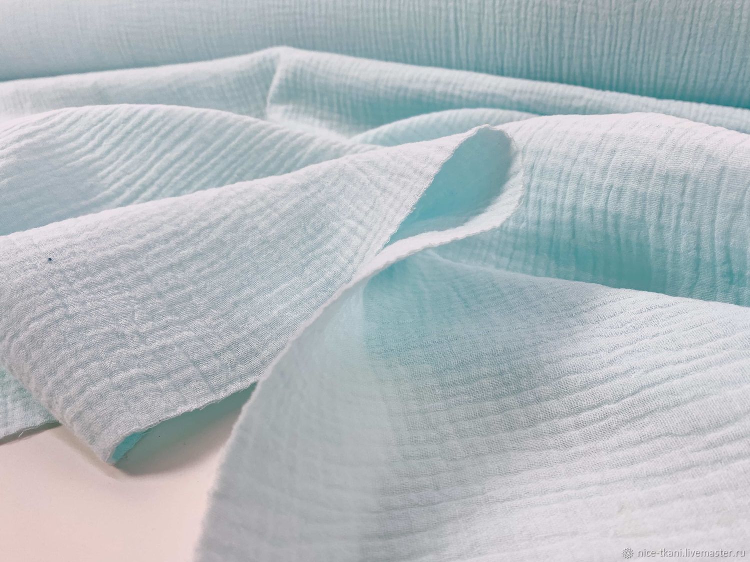 319701 Муслин ткань хлопок жатая ткань муслин марлевка нежная бирюза ...