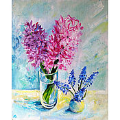 Картины и панно handmade. Livemaster - original item Oil painting Hyacinths and Muscari Canvas 30 x 24 Spring flowers. Handmade.