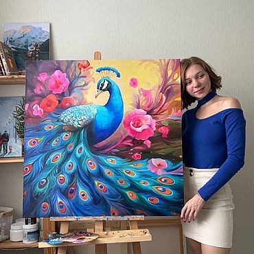 Картины и панно ручной работы. Ярмарка Мастеров - ручная работа Картина маслом яркая Павлин. Handmade.
