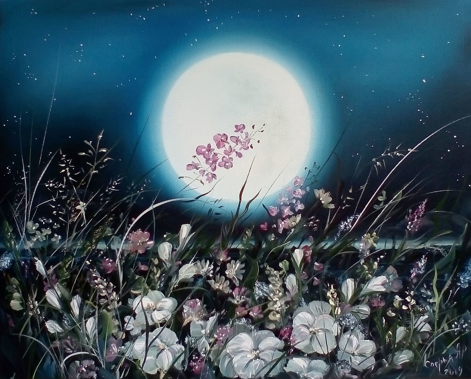 Картина маслом луна и цветы Лунный бриз.