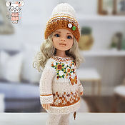 Текстильная кукла мышка в сиреневом платье и фисташковой шапочке