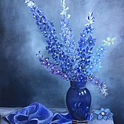 Картины и панно handmade. Livemaster - original item Paintings: blue bouquet in a blue vase on a blue background. Handmade.