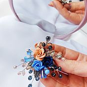 Украшения handmade. Livemaster - original item Pin brooch: Bouquet of rose flowers blue blue beige. Handmade.