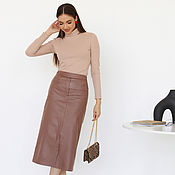 Одежда handmade. Livemaster - original item Midi skirt Bronze leather fitted with a slit brown viscose beige. Handmade.