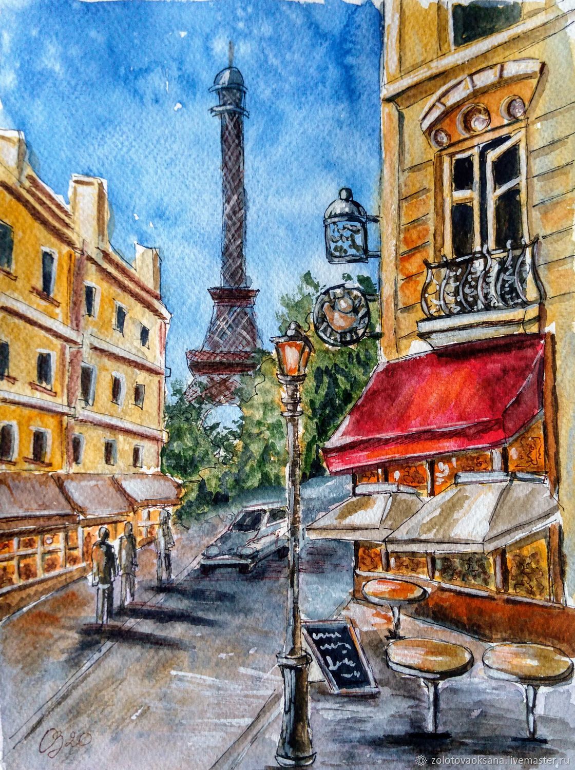 Картина акварелью. Городской пейзаж. Кафе в Париже, Картины, Москва,  Фото №1