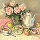 Elena Shvedova.Oil painting still life Tea party with a friend. ( hood. oil on cardboard) 40 x 50. 2015 are covered with a protective varnish.Fair Masters
