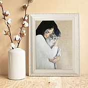 Картины и панно handmade. Livemaster - original item A girl and a cat, a painting with a pet, an oil portrait in a frame. Handmade.