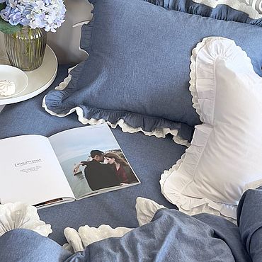 Для дома и интерьера ручной работы. Ярмарка Мастеров - ручная работа Бежевое  постельное бельё с рюшами и шитьем, евро.Вареный хлопок. Лён. Handmade.