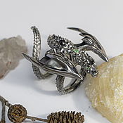 Украшения handmade. Livemaster - original item Silver ring in the shape of a Terrax dragon with emeralds. Handmade.
