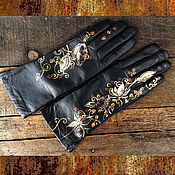 Аксессуары handmade. Livemaster - original item Черные перчатки кожаные."Кофе с лотосом" Размер 8 Роспись. Handmade.