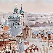 Картины и панно handmade. Livemaster - original item Watercolor Painting winter Prague (white brick city landscape). Handmade.