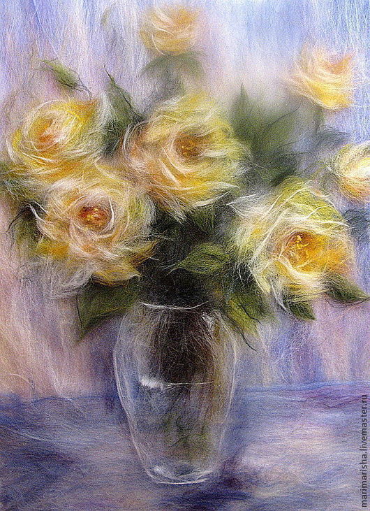 Картины цветов ручной работы. Ярмарка Мастеров - ручная работа. Купить Картина из шерсти Солнечные Розы.. Handmade. Лимонный