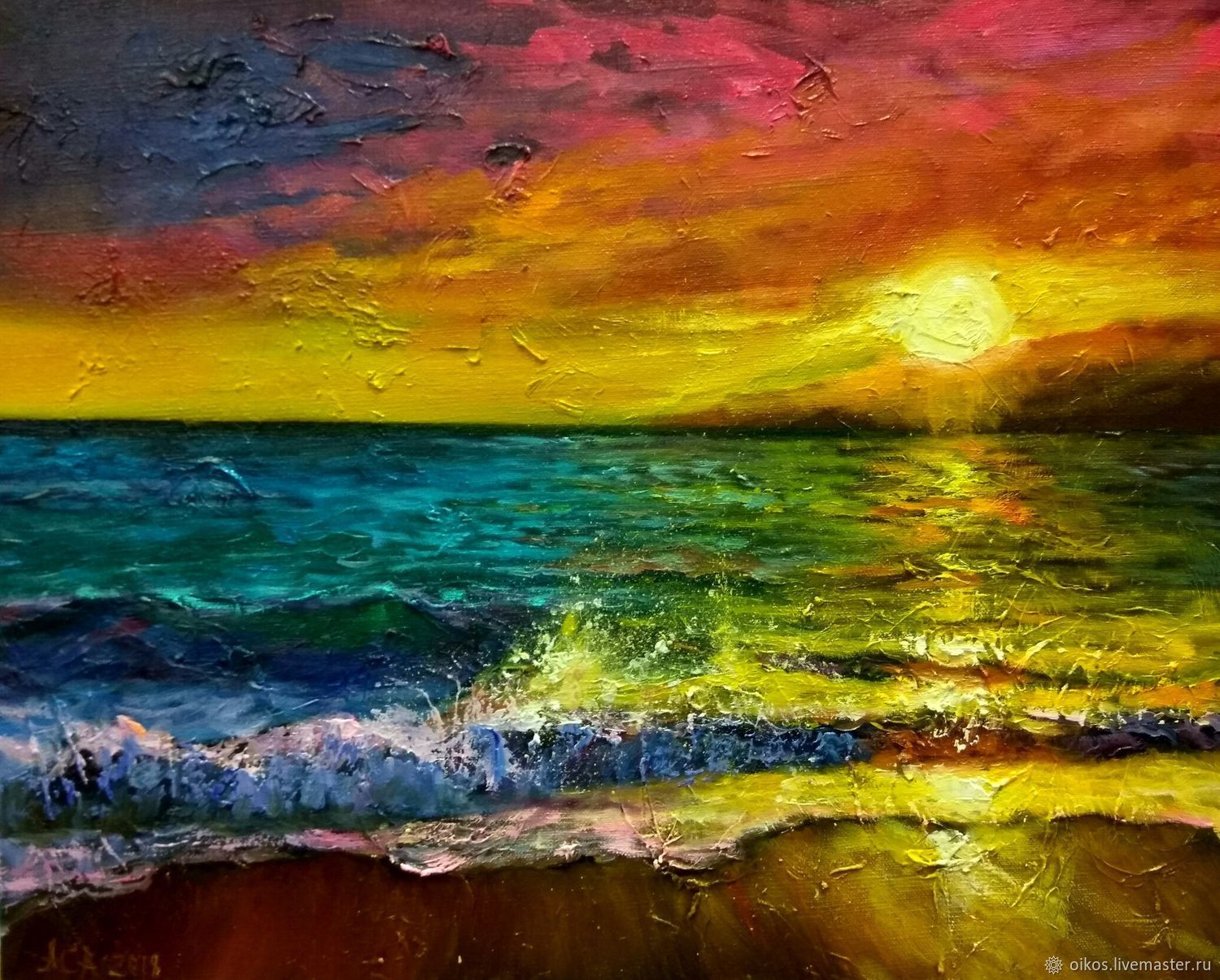 Oil painting with bright sea on the invoice купить на