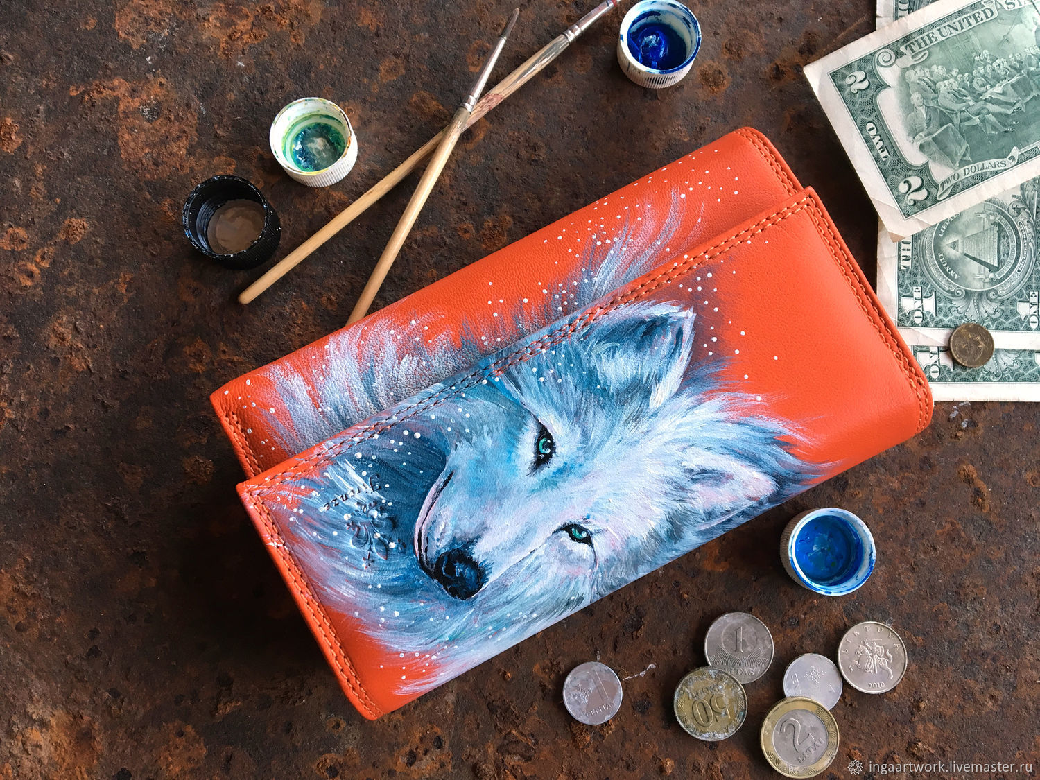 Wolf wallet. Leather women coin purse with hand painted custom art – купить  на Ярмарке Мастеров – HWU8DCOM