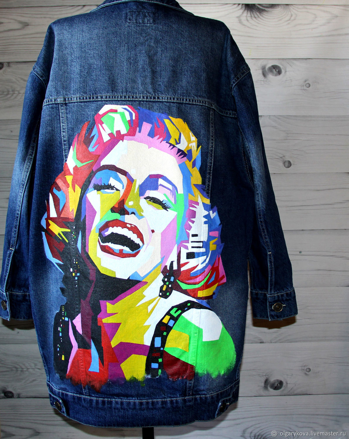 Denim with a pattern on the back of Marilyn Monroe pop art hand painted ...