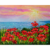 Картины и панно handmade. Livemaster - original item Oil painting Poppies Red Poppies Crimea Seascape Flowers 50 x 40. Handmade.