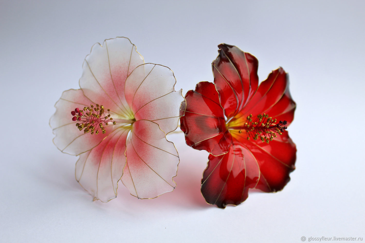 Hair pins white and red hibiscus, Hairpins, Cheboksary,  Фото №1