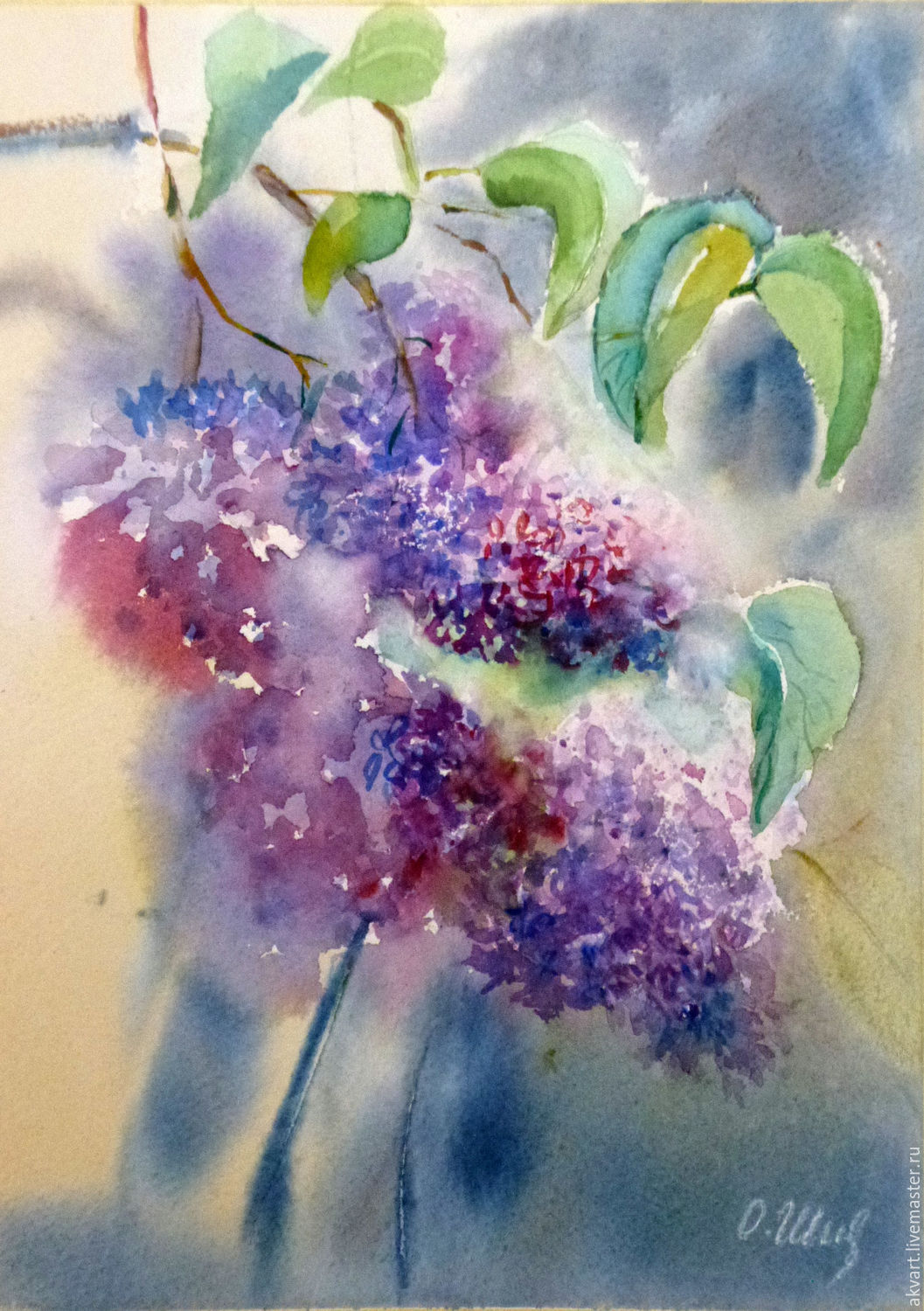 Watercolor. Painting watercolor. Branch of lilac, Pictures, Moscow,  Фото №1