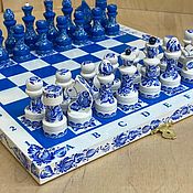 Гжель. Шахматы и шашки. Ручная роспись