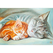 Картины и панно handmade. Livemaster - original item Painting cat with a kitten Sleeping cats oil. Handmade.