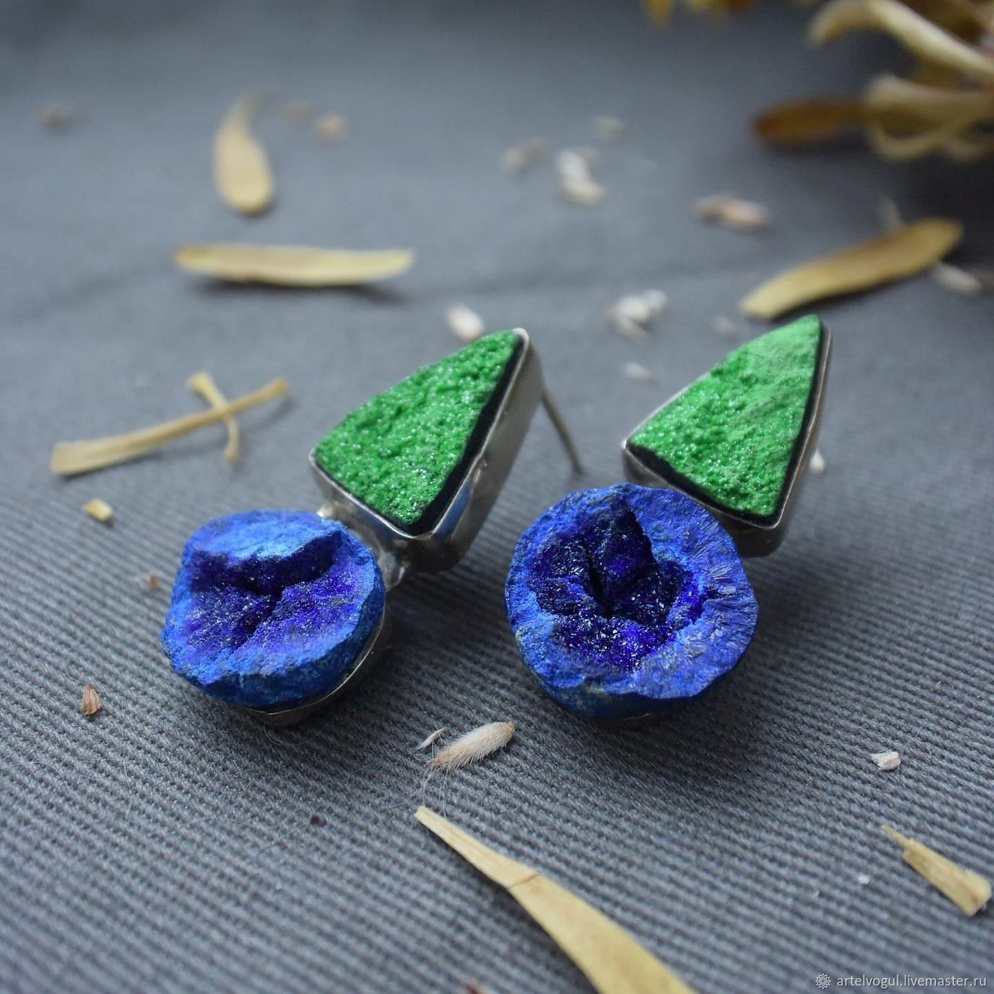 Stud earrings with azurite and uvarovite (green garnet), Stud earrings, Nizhnij Tagil,  Фото №1