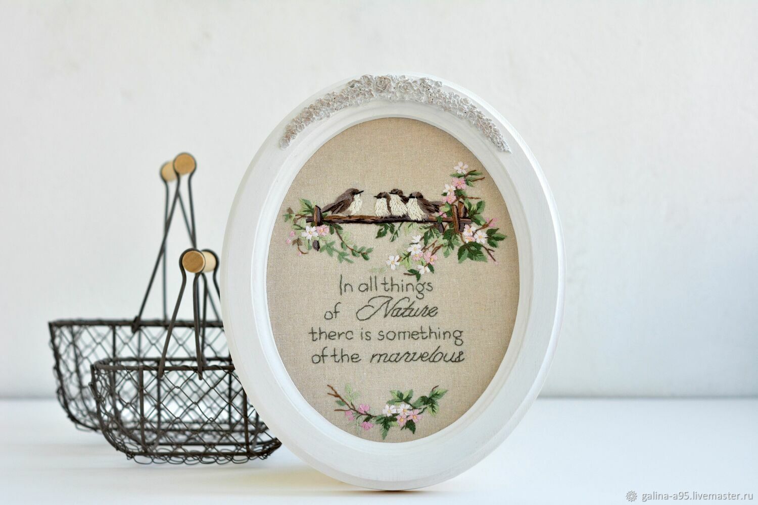 Картина с птицами ручная вышивка птицы на ветке декор шебби шик купить ...