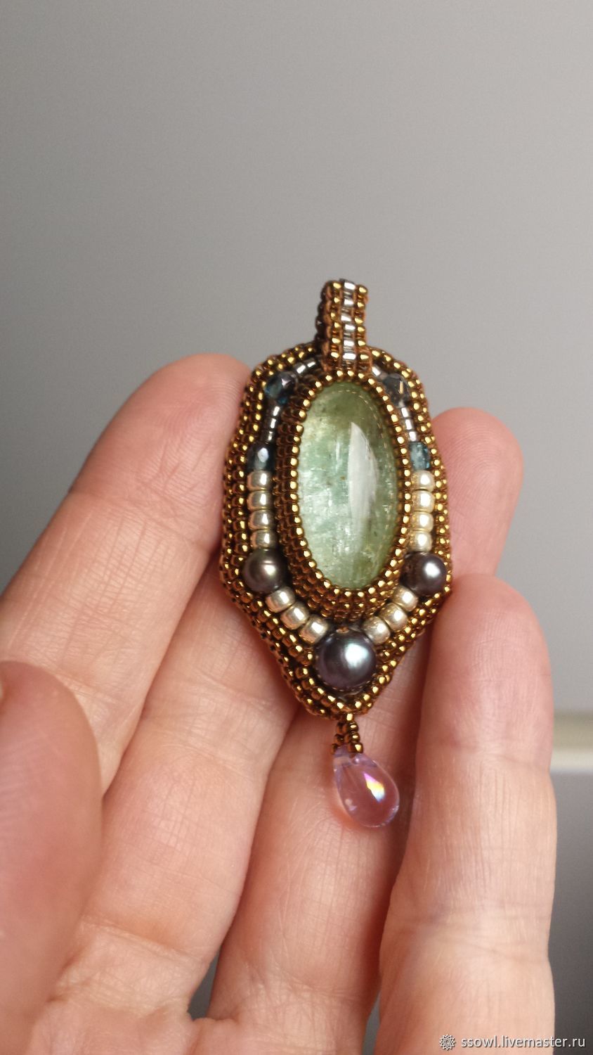 Кулон Классика - натур. аквамарин, жемчуг, золотой, серебряный бисер в ...