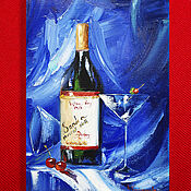 Картины и панно handmade. Livemaster - original item Wine still life in oil on a blue background. Handmade.