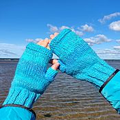 Палантин  Закат на море ( вязаный шерстяной теплый синий шарф)