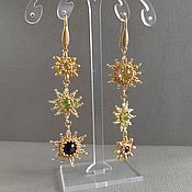 Украшения handmade. Livemaster - original item Long gold flower earrings, Asymmetric earrings with stones. Handmade.