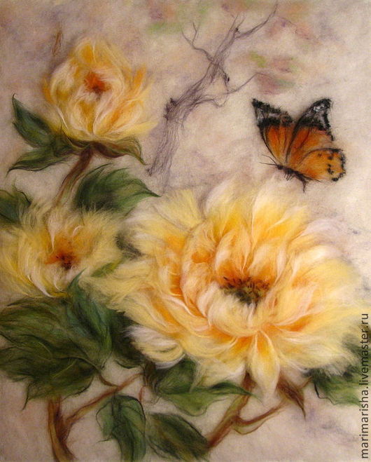 Картины цветов ручной работы. Ярмарка Мастеров - ручная работа. Купить Картина из шерсти  Желтые китайские пионы и бабочка 3. Handmade.