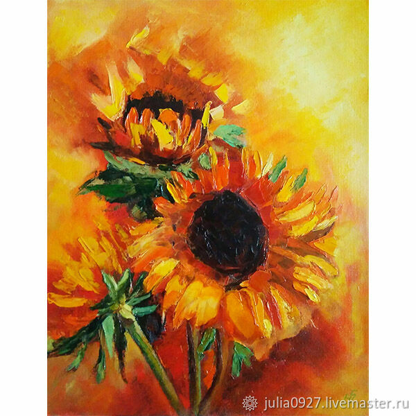 Painting sunflowers flowers with oil palette knife 45h35 cm купить на