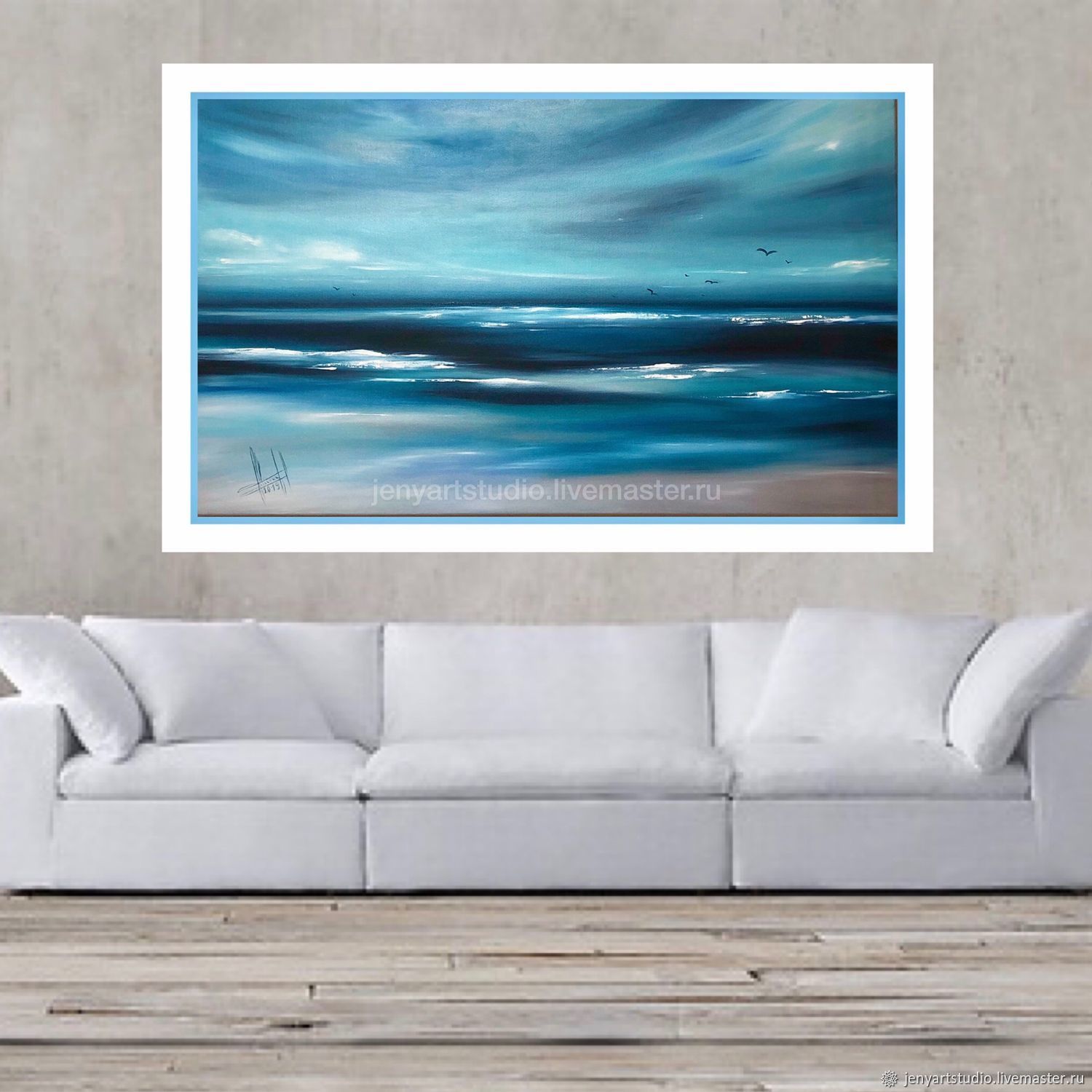 Большая картина маслом абстракция морской пейзаж синий голубой цвет, Картины, Коломна,  Фото №1