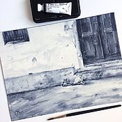 Картина Мим  (подарок, акварель, черно-белый, Арлекин)
