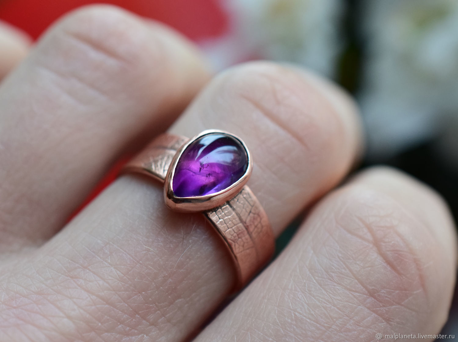 Медное кольцо с аметистом, изящное кольцо с прожилками листа купить в ...