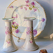 Винтаж handmade. Livemaster - original item Antique porcelain paired candlesticks with roses. Handmade.