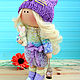Интерьерная текстильная кукла тыквоголовка `Девочка с фонариком` в вязанном платье, украшенным бантом из шебби ленты со стразиками.