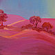 Fragment oil painting - Night in the Gulf Violet. Trees on the hills.
