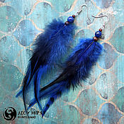 Украшения handmade. Livemaster - original item Earrings with blue feathers and lapis lazuli, 13-14 cm. Handmade.